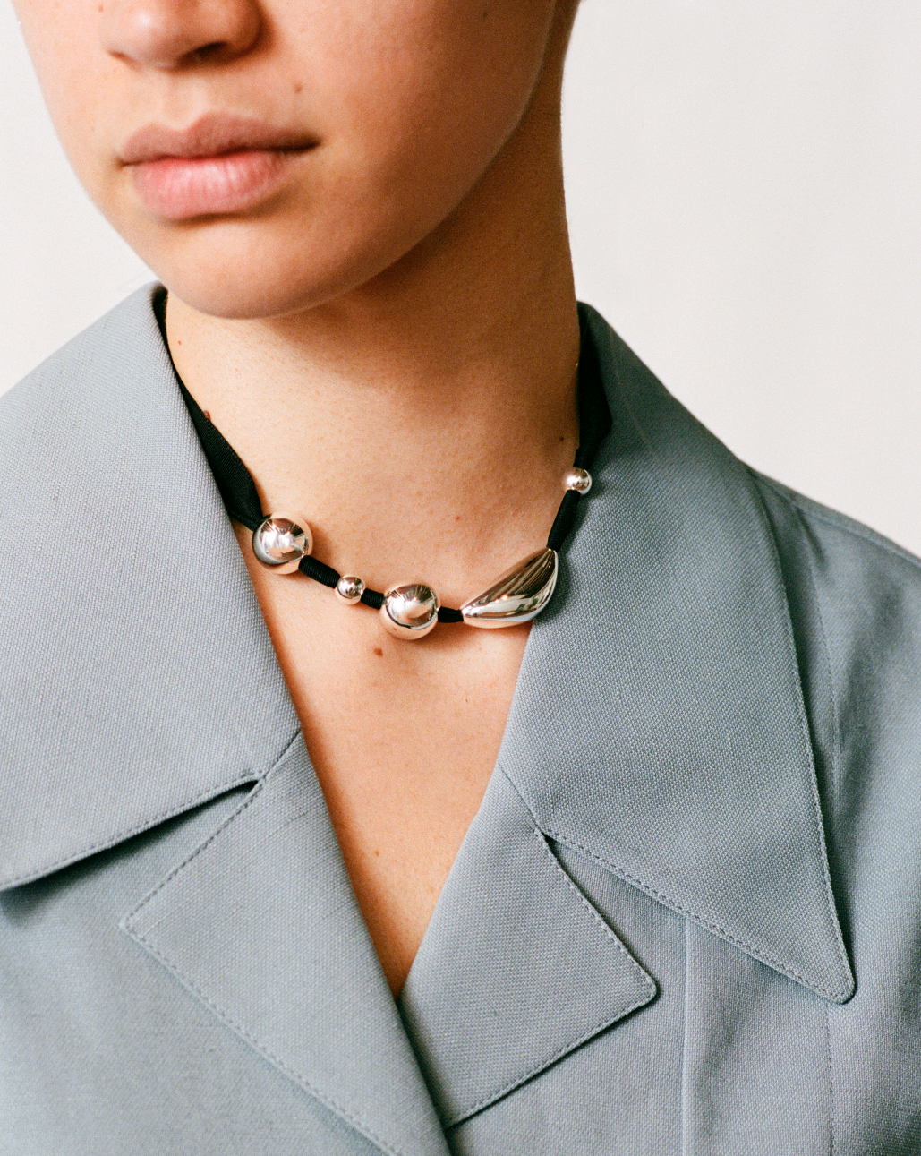 GRIGRIS NECKLACE  in sterling silver & black silk ribbon